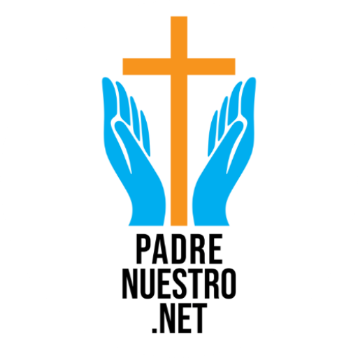 Logo anterior de padrenuestro.net: cruz naranja entre dos manos celestes