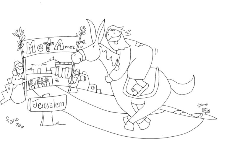 Dibujos para colorear del Domingo de Ramos con Jesús entrando en Jerusalén sobre un burrito